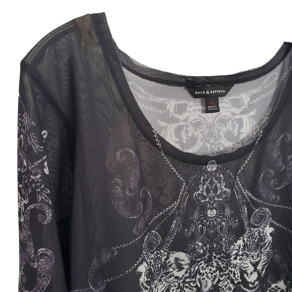 Rock & Republic Size XL Shirt Sheer Mesh Cheetah Head Print Long Sleeve Pullover - Picture 4 of 9